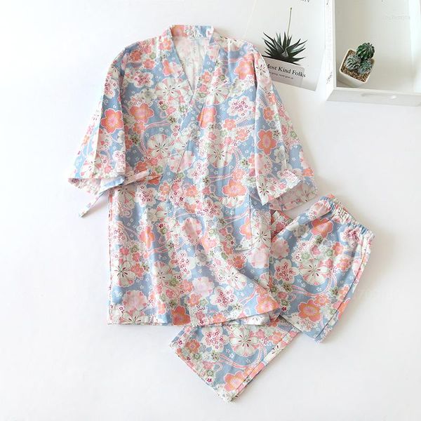 Ethnische Kleidung Frauen Japanischer Stil Traditioneller Kimono Sakura Print Pyjama Set Home Nachtwäsche Yukata Tops Lose Hosen Pyjamas Bademantel