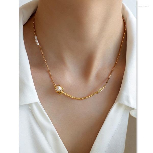 Anhänger Halsketten Blumen Goldene Folie Echte Perlen Damen Pullover Kette Halskette Französischer Stil Luxusmode Europäisch und Amerikanisch