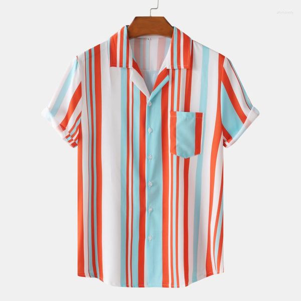 Camisas casuais masculinas de melhor venda em 2023 camisa de manga curta listrada, contraste de verão, cor solta roupas masculinas