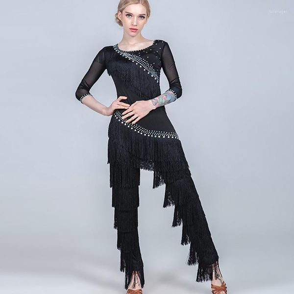 Bühnenabnutzung Latin Dance Kostüm für Frauen Full Fringe Suit Strass Kleidung Standard Ballroom Rave Schwarz BL1725