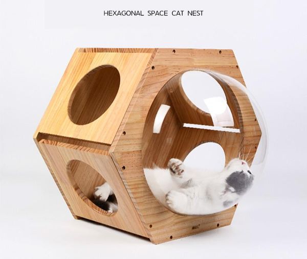 Tiragraffi Capsula spaziale lettiera per gatti in legno massello parete finestra trasparente lettiera per gatti combinazione di casa per gatti struttura per arrampicata per gatti forniture per gatti