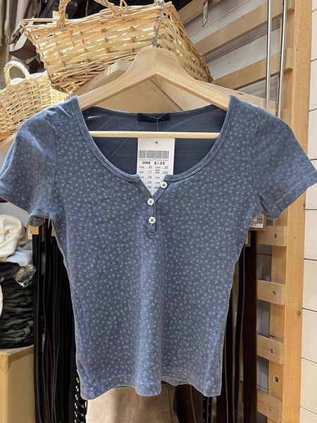 T-shirt da donna Vintage blu con stampa floreale T-shirt con bottoni Carino girocollo in cotone manica corta Slim Y2k Crop Top Donna Casual Summer Sweet Tees 230503