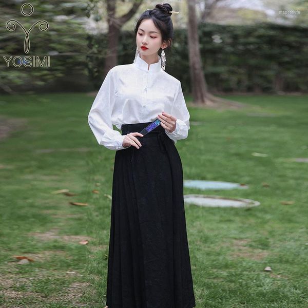 Vestidos casuais yosimi estilo chinês 2 peças feminino de verão camisa branca de manga longa e saia preta bordado casaco festa 3 roupas