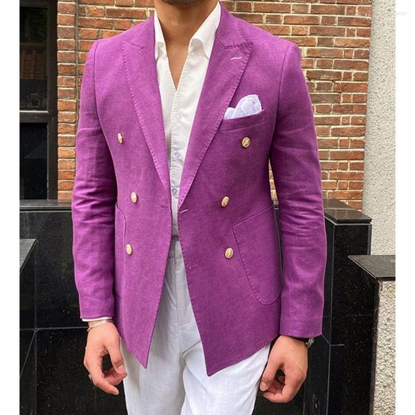 Ternos masculinos 2023 Men Suje Moda Purple Notch Lapel linho de algodão de duas peças Casamento comercial Diário Slim Fit Casual Casual Pants Homme