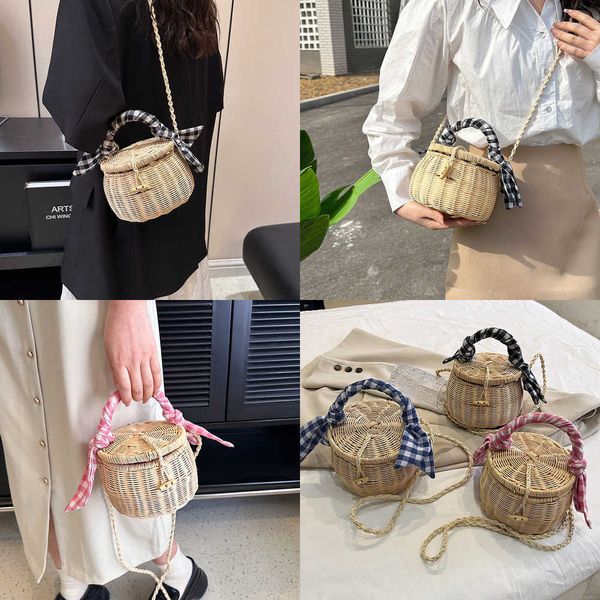 Nxy Sommer Damen Mini Weave Straw Tote Bag New Travel Handmade Lady Rattan Bucket Handtaschen mit Bändern 230424