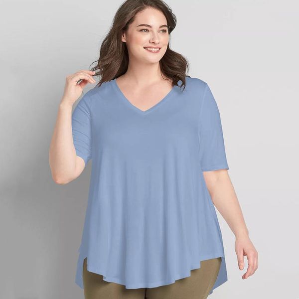 Camiseta plus size vneck verão casual oi baixo túnica topo feminino manga curta azul claro solto ajuste alargamento blusa de balanço básico e topo 7xl 8xl