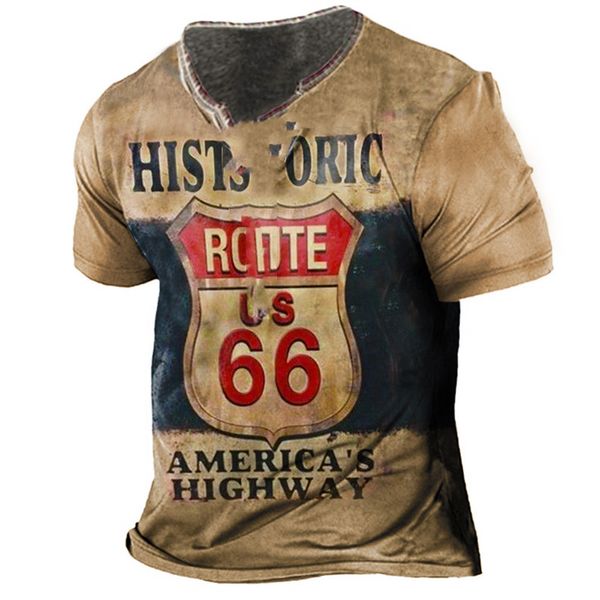 Mens Tshirts Print Vintage P para Male Rota 66 Tee Summer Street Tshirts Operdizes o Neck Men Top Top Logo Casual Roupas de Harajuku 230503