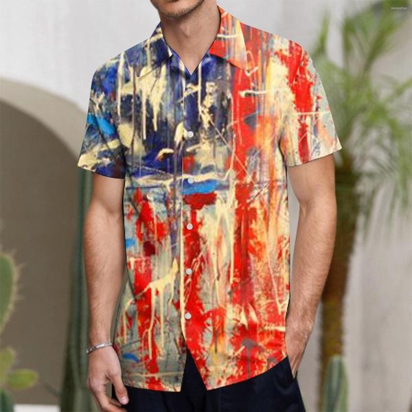 Erkekler Tişörtler Tropikal Erkekler Erkek Moda Eğlence Bayrağı 3D Dijital Baskı Düğmesi Koku Kısa Kollu Gömlek