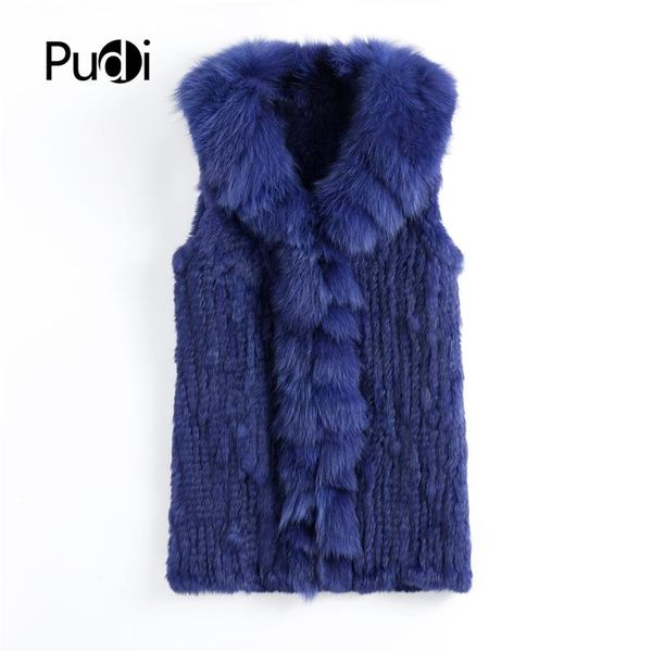 Pelliccia Vt901 Pudi Autunno Moda Donna Gilet di pelliccia di coniglio genuino con collo di vera pelliccia di volpe Cappotto casual da donna lungo