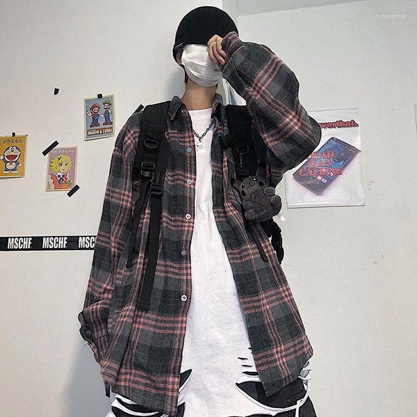 Camicie casual da uomo 2023 Camicia a quadri stile coreano Ulzzang Hip Hop Abiti a maniche lunghe Kpop Moda Top oversize Harajuku Uomo Uomo