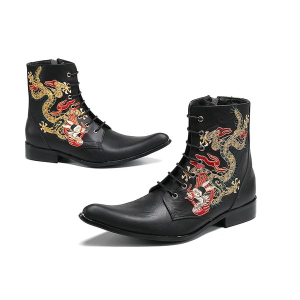 Original schwarze spitze Zehe kurze Stiefel Mode große Größe Stickerei Oxfords Stiefel chinesischen Stil Männer echtes Leder Brogue Stiefel