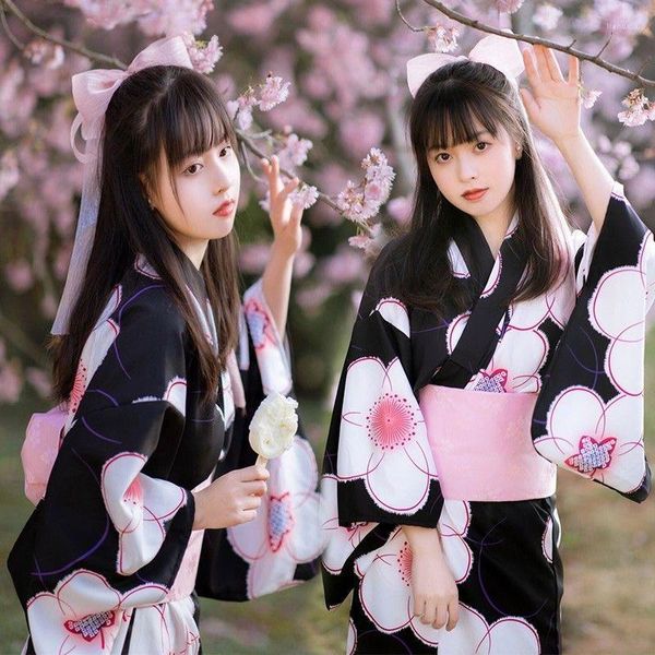 Roupas étnicas mulheres japonesas Tradicionais Yukata Kimono com Rosa Obi Floral Imprimir Vestido de Manga Longa Costumes de Dança Posfelada de Desempenho