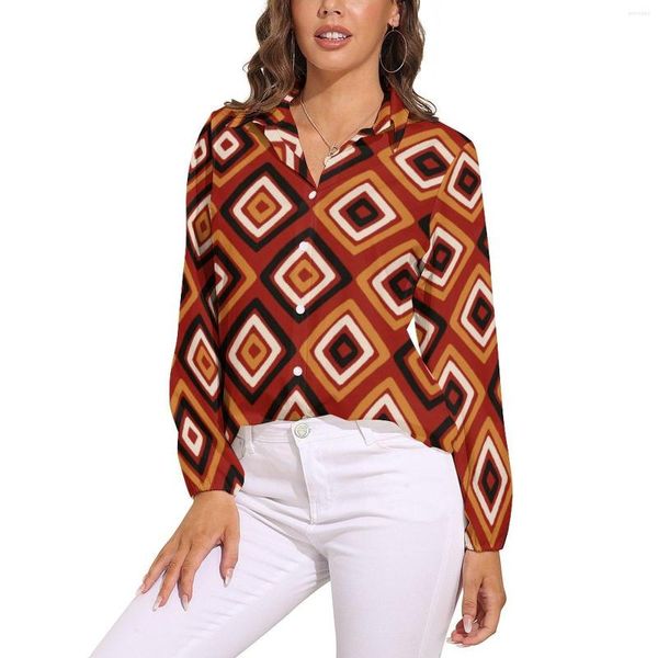 Blouses feminina Estilos africanos Blusa Retro Geometria bastante personalizada Camisas casuais femininas de verão de manga longa de grande tamanho grande