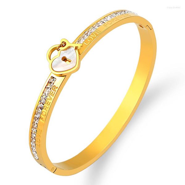 Bracciale rigido Est Fashine con chiusura a cuore e pietre, gioielli in acciaio inossidabile, oro, per donna, braccialetti a vite, regalo per la festa di nozze