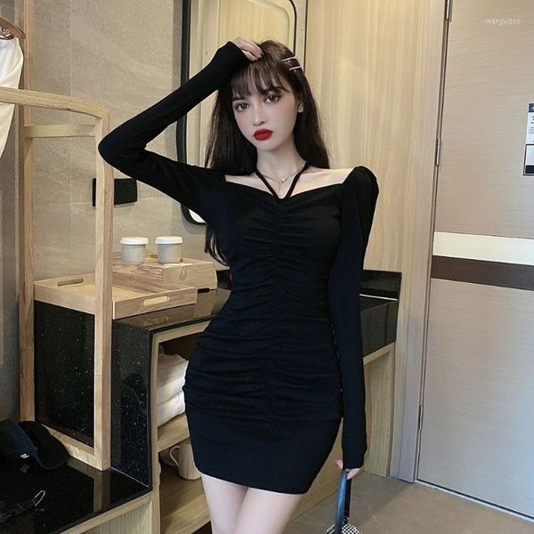 Freizeitkleider Sommer # 39; s Sexy Women # 39; s Square Collar Long Sleeve Strap mit eng plissiertem Mini Short Neck-Mounted Dress