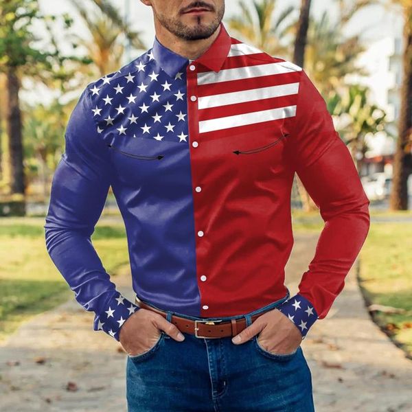 Herren Freizeithemden Body Suit Herren Herrenmode Gestreift Farbblock Patchwork Amerikanische Flagge Reversknopf Manschette Langes Daunenkragenhemd