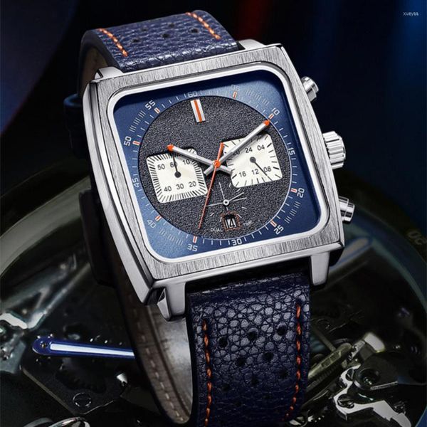 Orologi da polso Quadrante quadrato Cronografo Orologi al quarzo Moda Casual Cinturino in pelle blu Orologio da polso Orologio da uomo impermeabile multifunzione