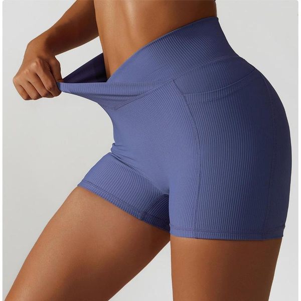 Pantaloncini attivi Nero Bianco Viola a coste Croce Vita Fianchi Yoga Tasca Ciclismo Corsa Pantaloni da palestra per abbigliamento donna