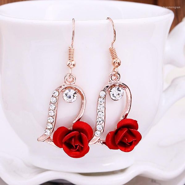 Creolen Vintage rote Rose baumeln Damen funkelnde Strass Perle Blume Verlobungsfeier Schmuck Geschenk