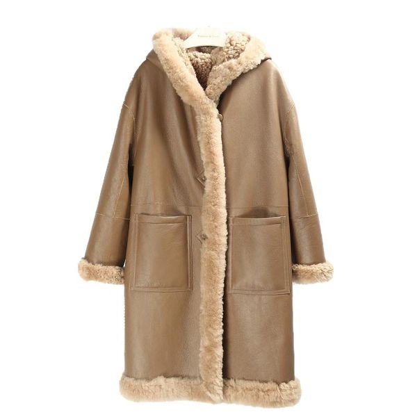 Pele real merino casaco de pele de ovelha roupas femininas moda pele allinone casacos de pele casaco de inverno feminino quente reversível longo jaqueta de lã zm