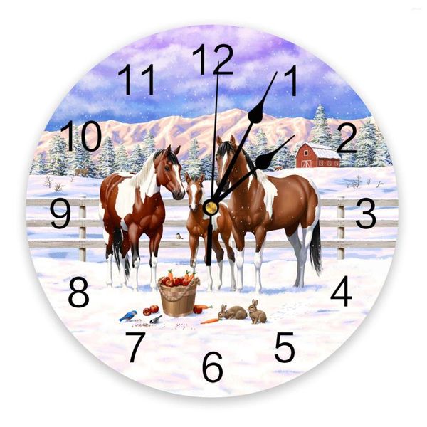 Orologi da Parete Cavalli E Conigli Nella Neve Orologio Invernale Design Moderno Soggiorno Decorazione Orologio Da Appendere Muto Decorazioni Per La Casa