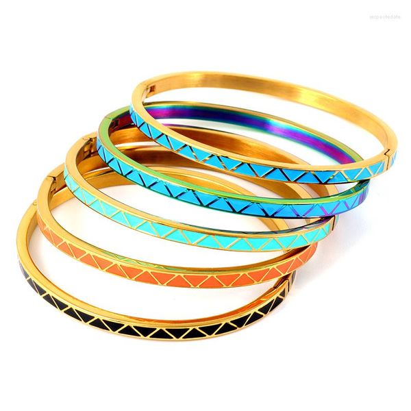 Bangle Braccialetti con motivo a triangolo a 5 colori per donna Bracciali sottili in oro in acciaio inossidabile Gioielli in smalto colore blu arancione