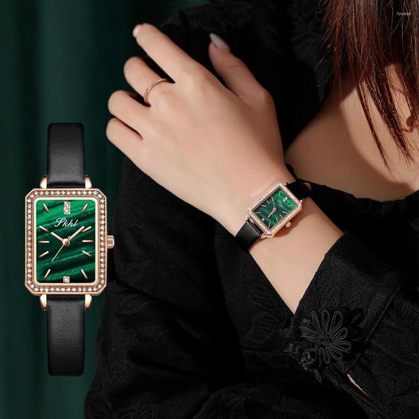 Relógios de pulso relógio feminino retro strassm strass pequeno green simples temperamento quadrado cinturão moda