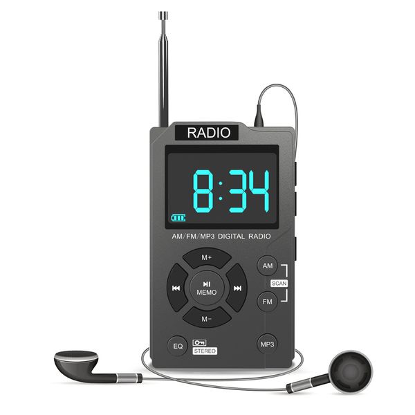 Rádio portátil FM am Dual Band Stereo Mini Pocket Radio Receiver com LCD Display Support Tf Card Music Player com Earphones MD-258