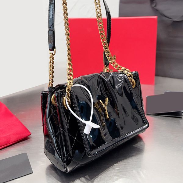 Womens Nolina Mini Patent Leather Black Bags Gold Metal Hardware Interwoven Chain Crossbody Shoulder Handbags Solid Color Outdoor Sacoche Purse 18X12CM