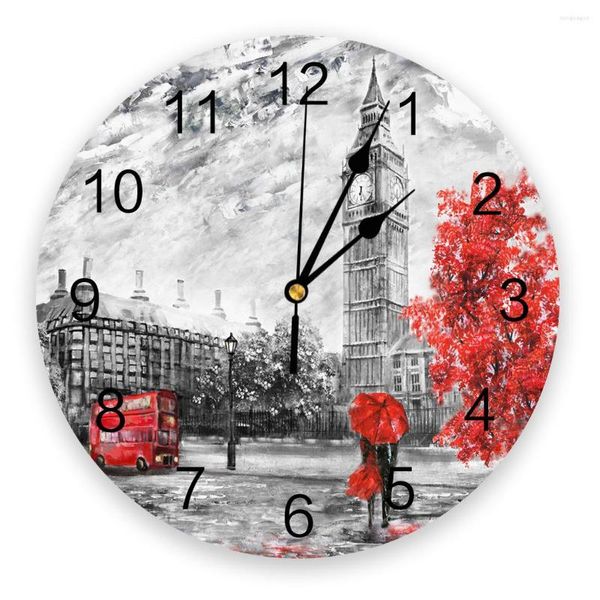 Orologi da parete London Red Umbrella Bus Tree Orologio dipinto a olio Decorativo per soggiorno Cucina Camera da letto Home Office Silenzioso