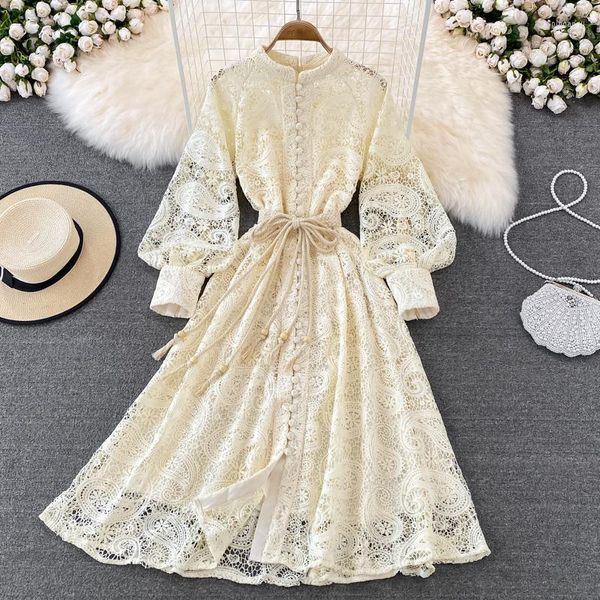 Vestidos Casuais Passarela Estilista Vintage Renda Midi Vestido Longo Oco Bordado Gola Lanterna Manga Laço Faixas Laço Festa