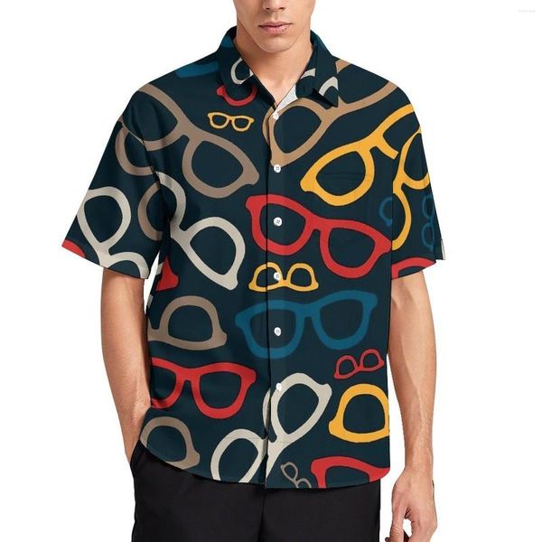 Camisas casuais masculinas de óculos coloridos camisa estampare os óculos inteligentes praia praia havaiana estilo estilo de rua