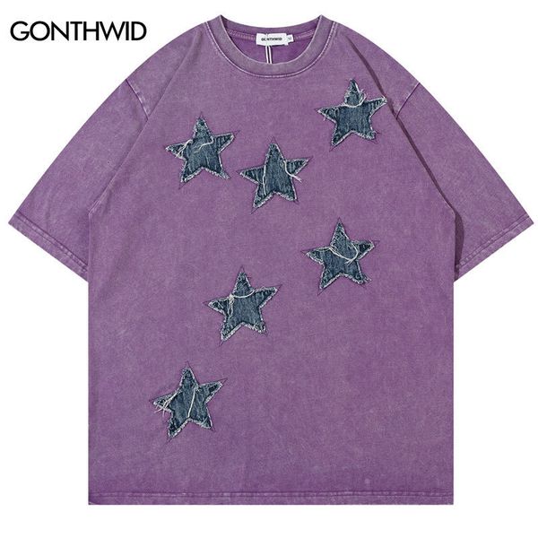 T-shirt da uomo T-shirt vintage Streetwear Hip Hop Ricamo Star Patch Washed Tshirt Harajuku Punk Gothic Tee Shirts Fashion Loose Top 230428