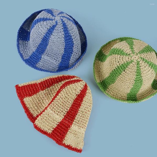 Chapéus largos de chapéus listrados de palha de praia Hand Crochet Balde de verão ao ar livre UPF 50 Panamá Sun Cap Férias pesca