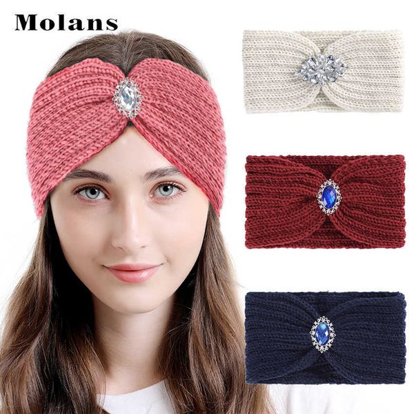 Положок Molans New Women Winter Winter теплый повязка на голове мода мода страза с повязкой на голову вязаная вязаная эластичная галстук Женские аксессуары для волос турбан J230502