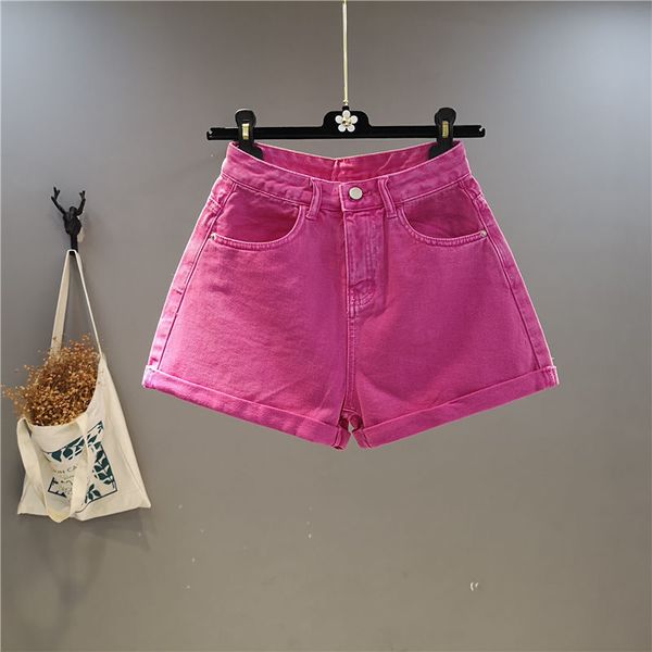 Shorts femininos verão rosa rosa denim shorts feminino doce cor larga perna enrolada calças de brim finas moda senhoras sexy amarelo bottoms 230503