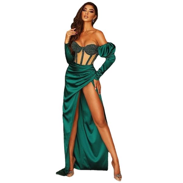 Abito da ballo sexy per donna Abito da sera di lusso con perline a sirena e scollo a cuore Abito da sera in raso verde smeraldo con maniche lunghe staccabili