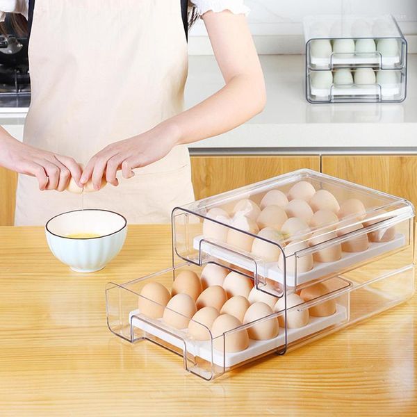 Depolama Şişeleri 2 Katman Buzdolabı Yumurtası Kutu Mutfak Buzdolabı Çekmecesi Meyve Sebzeleri İçin Şeffaf Plastik Organizatör