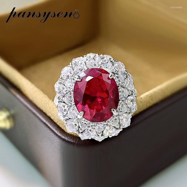 Anelli a grappolo PANSYSEN 925 Sterling Silver Oval Cut Ruby Sapphire Simulato Moissanite Gemstone Women Cocktail Ring Luxury Fine Jewelry