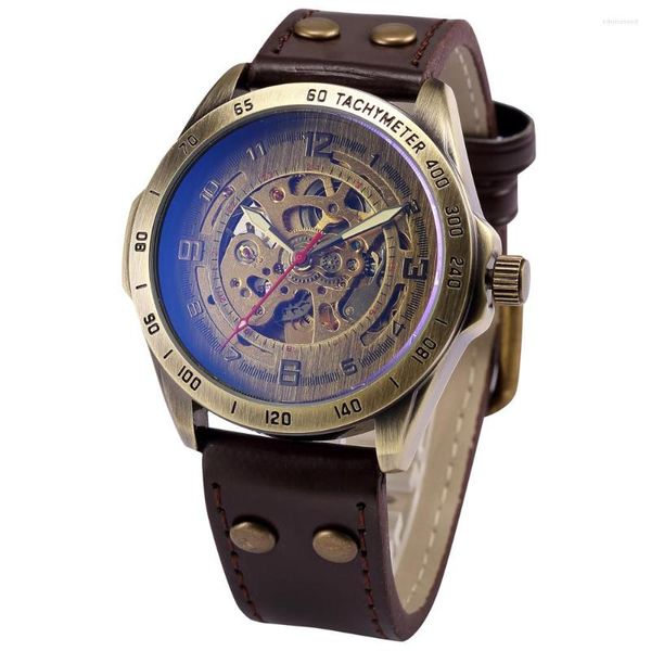 Relógios de pulso Shenhua Men Retro Bronze Caso Male Wristwatch Skeleton Rek