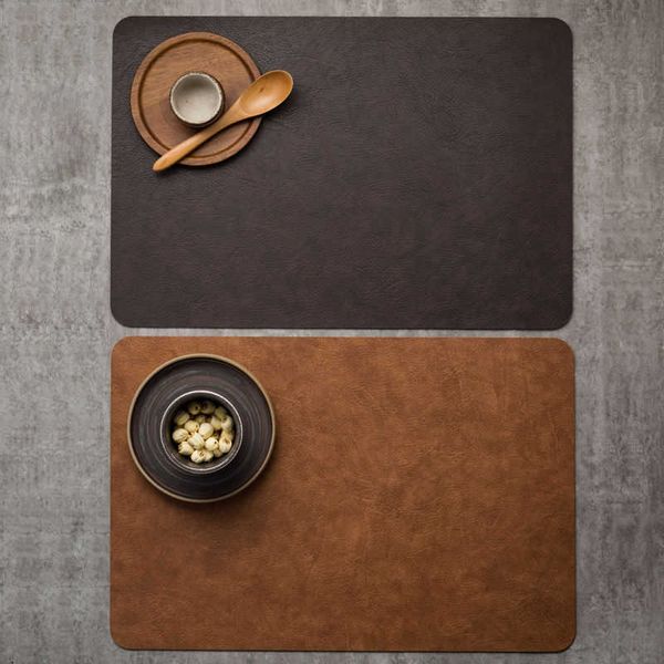 Mats Pads Light Luxury Solid Leather Placemat Coffee Brown PVC Table Mat Waterproof Oilproof HeatInsulated Plate Bowl Pad Table Decor Z0502