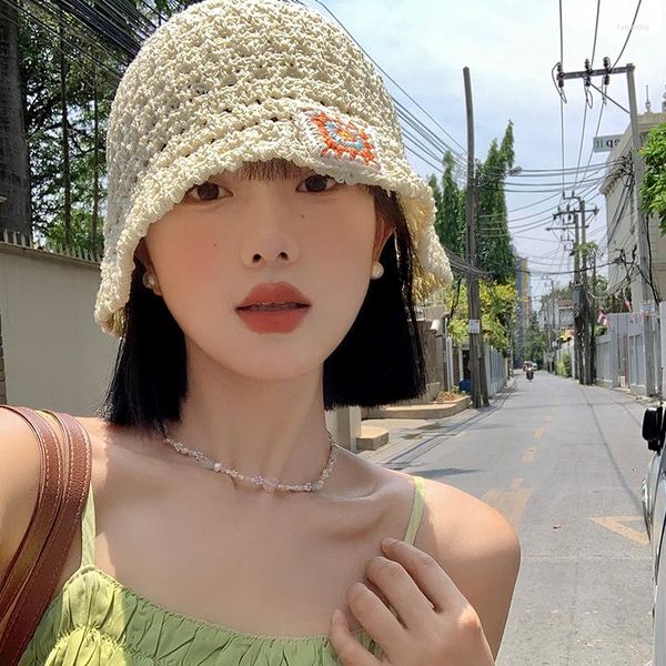 Wide Brim Hats Korean Woven Bucket Hat Women Summer Hollow Breathable Sunshade Fisherman Hook Flower Vielseitige Outdoor Faltbare Sonnenkappe