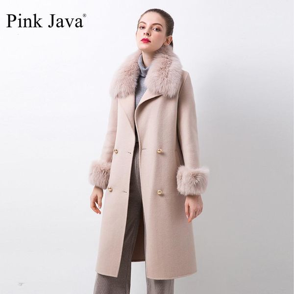 Mistura rosa java qc20068 nova chegada venda quente casaco de lã de inverno com cashmere cashmere gollar de pele de raposa real manguito de pele real