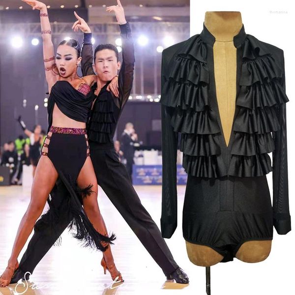 Traje de dança latina masculina para masculino masculino tampos de manga longa bagunços vosos de pescoço camisetas de competição masculino Salsa Dnv15144