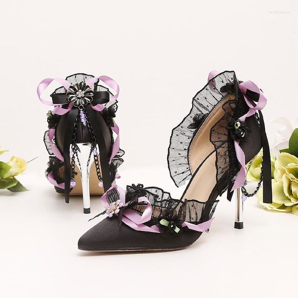 Sandalen Dunkelschwarz Retro Lolita Spitz Hohl Damen High Heels Bauhinia Schleife Blume Prinzessin Verheiratet Spitze Blumen Schön