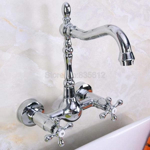 Rubinetti della cucina Chrome Montaggio a parete Rubinetto del bagno a doppia maniglia Lavelli per lavabo Miscelatore Rubinetto per acqua fredda e acqua Tnf969