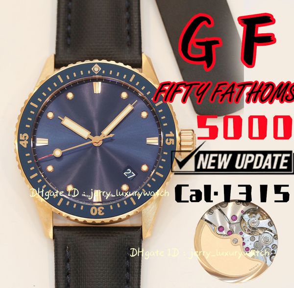 GF 5000 FIFTY FATHOMS Orologio da uomo di lusso 43,6 mm Cal.1315 Movimento meccanico, ceramica nera, cassa in titanio, 3C blu oro super luminoso