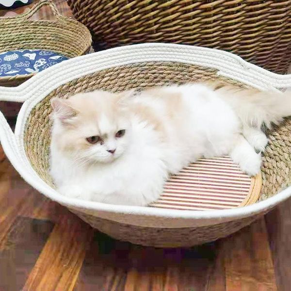 Mats Four Seasons Rattan Dokuma Kedi Evi Genel Karahindi Biçimlenmiş Serin Nest Kedi Yatağı Kedi Kazık Yatak Evcil Hayvan Ürünleri