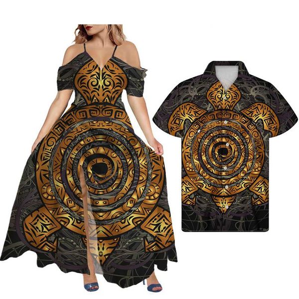 Lässige Kleider Hycool Sexy V-Ausschnitt Schulterfrei Sling Sommer Strandkleid Neueste Plus Size Hochzeitsgast Polynesische Paar Outfits