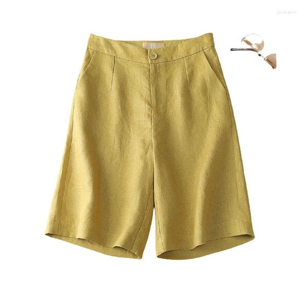 Shorts femininos Limiguyue linho de algodão Mulheres Bermudas sólidas Slim Loose Pocket Bolso Hight Hight Troushers Short Vintage K2007
